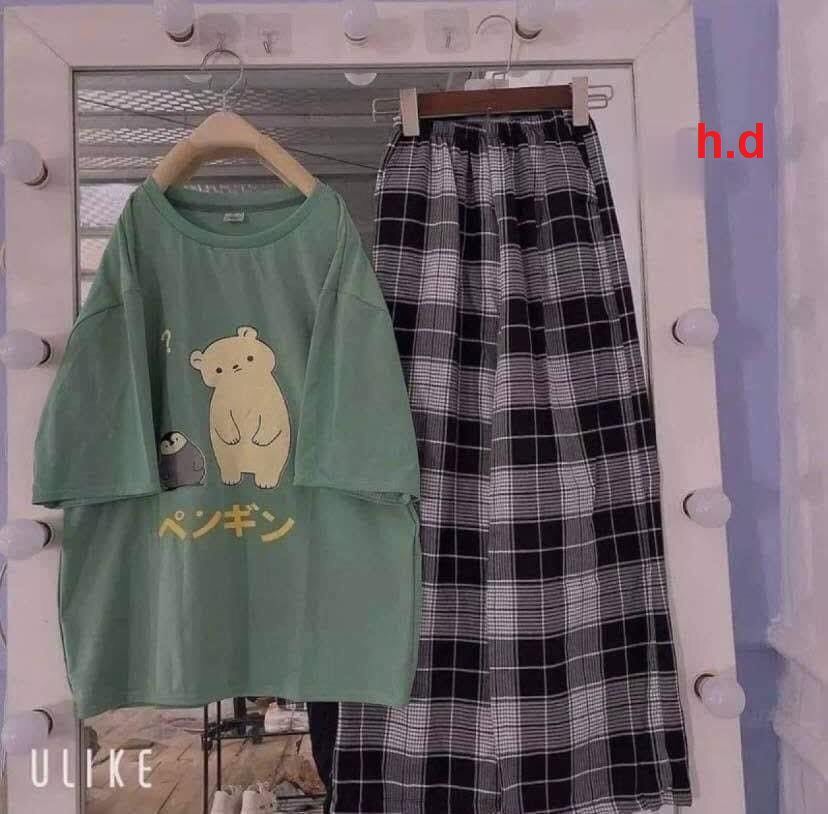 Sét bộ quần kẻ caro ống rộng, Áo gấu chữ nhật siêu hót hàng đẹp