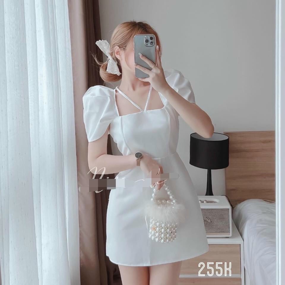 Váy đầm nữ tay phồng cổ vuông cột nơ dễ thương