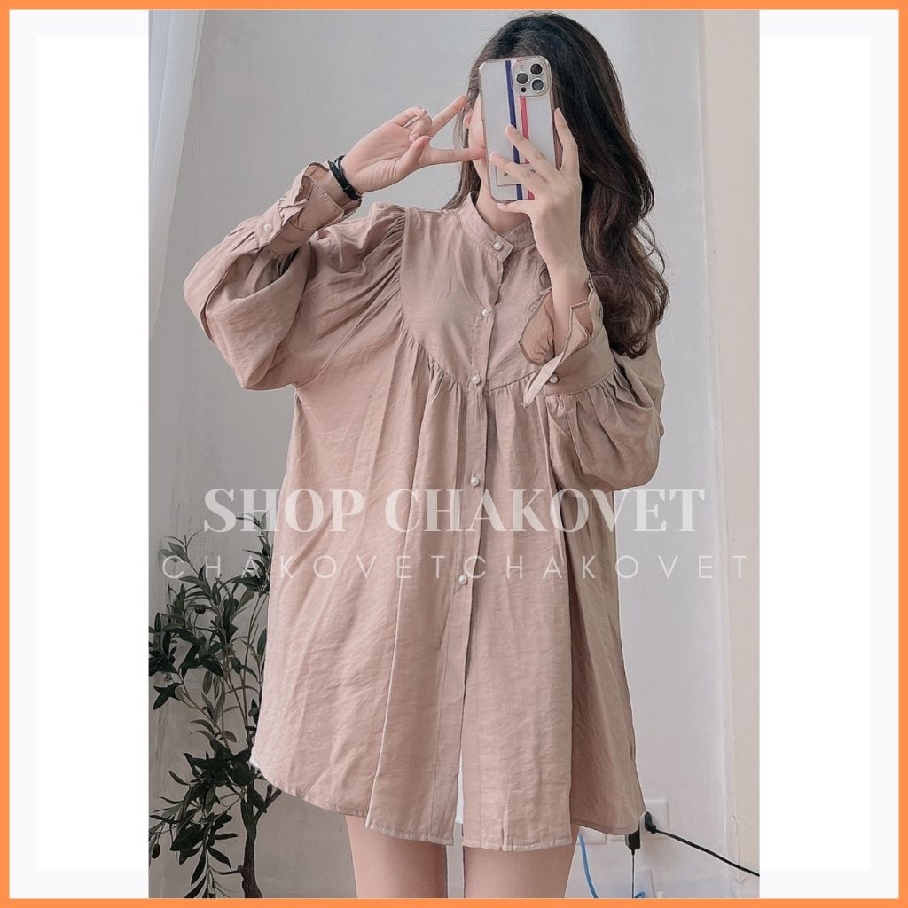 Áo sơ mi nữ dài tay oversize A.8206 Thiết kế kiểu cổ tròn tay phồng dáng babydoll