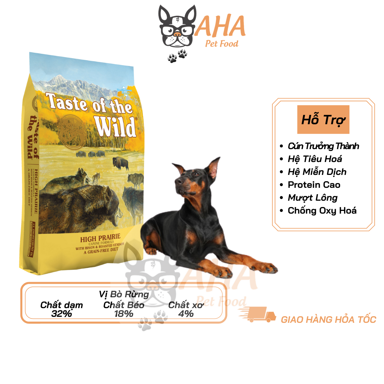 Thức Ăn Cho Chó Doberman - Taste Of The Wild - High Praire Bò Rừng Nai Nướng Trái Cây Rau Củ Quả Da Lông Bóng Mượt Hệ Miễn Dịch & Hệ Tiêu Hoá Khoẻ Mạnh Men Vi Sinh Đường Ruột - ahapetfood