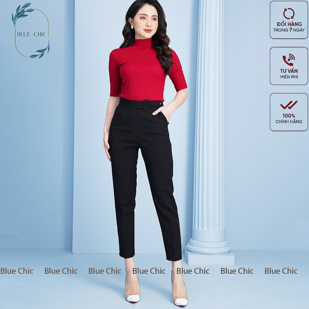 Quần baggy nữ Blue Chic cạp cao form dáng đẹp đồ công sở đai vải vuông cúc lệch
