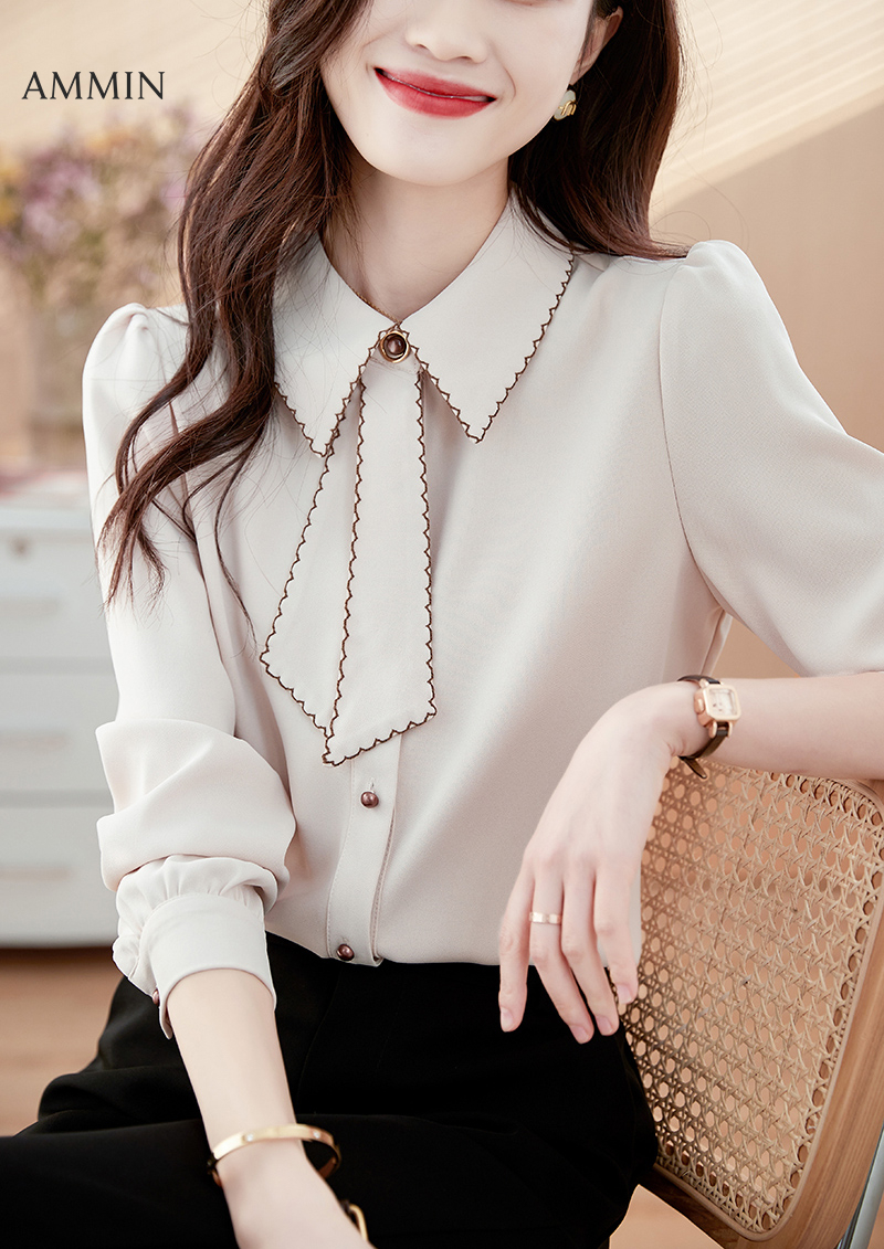AMMIN Áo Sơ Mi Vải Voan Cổ Ve Áo Thêu Đính Cườm Đính Cườm Mới Mùa Xuân 2022 Áo Cardigan Nữ Dài Tay Có Cúc Áo Cánh Thanh Lịch Phong Cách Hàn Quốc Áo Ins Nữ