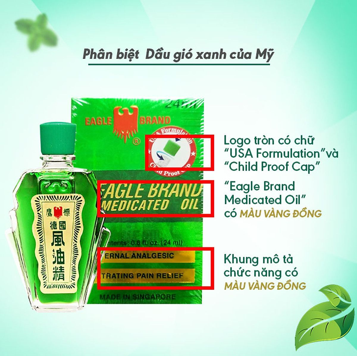 Dầu Gió Xanh Con Ó 2 nắp Eagle Brand Medicated Oil cam kết hàng từ Mỹ chai 24ml và 36ml