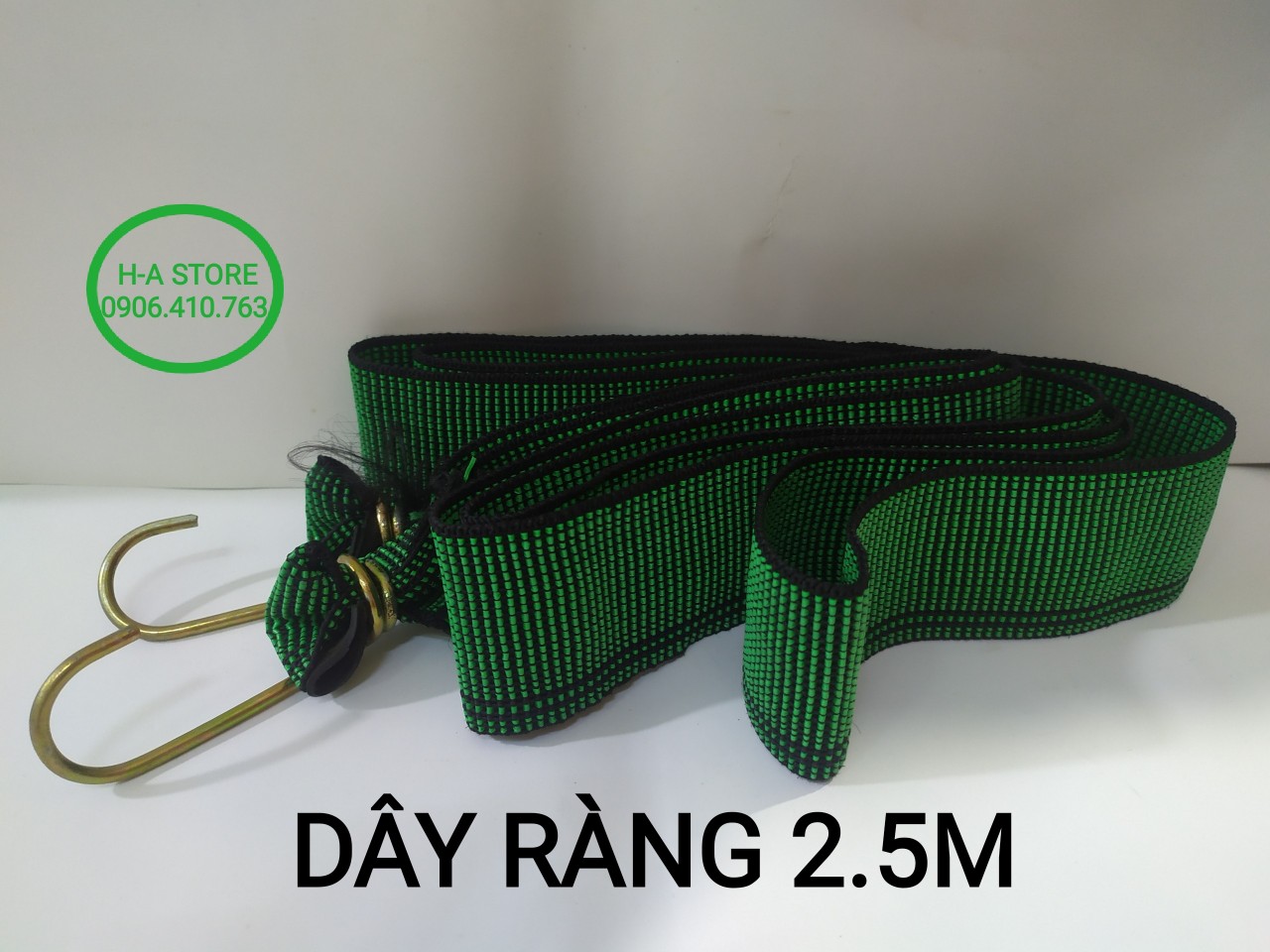 Dây ràng dẹp / chun buộc hàng cột hàng dài 2,5m có móc màu xanh lá