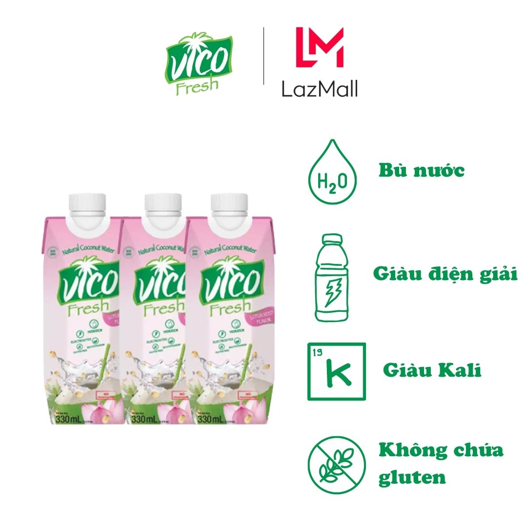 Combo 3 hộp nước dừa Vico Fresh 330ml - vị Sen ngọt thanh, hòa quyện hạt sen