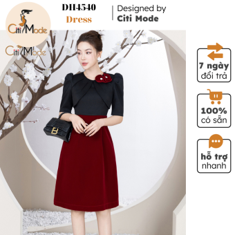 Đầm công sở CITI MODE FASHION thiết kế dáng A đen đính hoa phối chân váy nhung đỏ DH4540