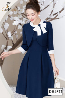 Đầm công sở CITI MODE FASHION thiết kế dáng xoè phối áo ngoài xanh cổ nơ trắng DH4522