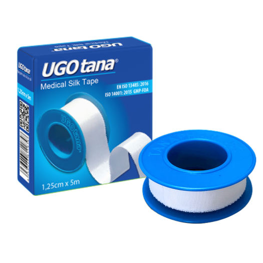 Băng keo cá nhân - Băng dính cuộn vải lụa, băng gạc y tế UGOTANA 1,25cm x 5m - Băng gâu, Băng dán vết thương, an toàn tiện dụng dùng băng các vết thương trong phẫu thuật, để cố định catheter, kim truyền - Hộp 1 cuộn