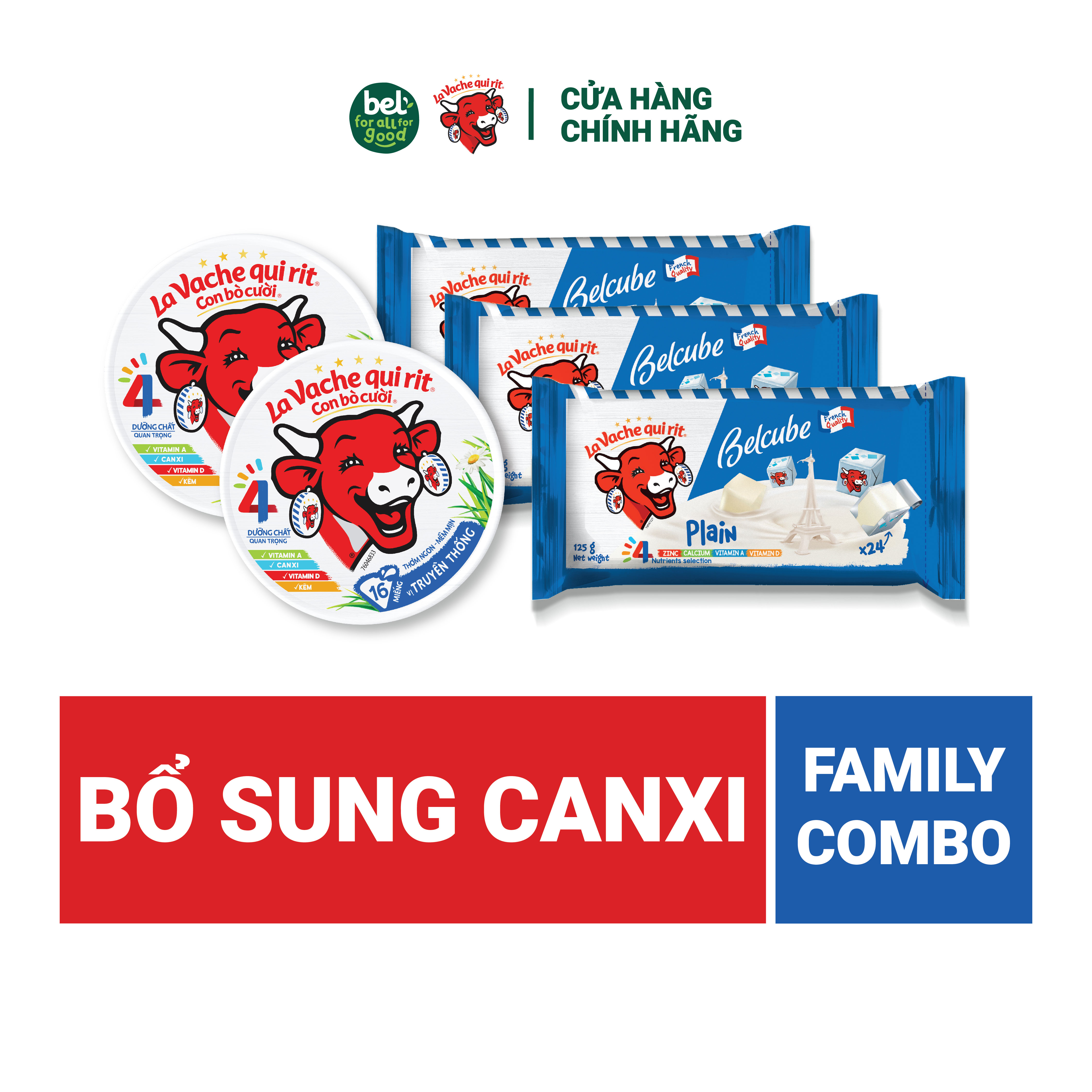 [CHỈ GIAO HCM] Combo Phô Mai Con Bò Cười (16 miếng) & Phô Mai Vuông Belcube (24 viên) Bổ sung Canxi – Family Combo
