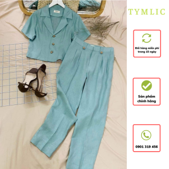Set Áo Vest Kết Hợp Quần Baggy Linen Màu Xanh TYMLIC (SET 518K)