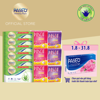 Combo 6 gói khăn giấy du lịch Paseo (130 tờ 2 lớp)/gói và 6 gói khăn ướt kháng khuẩn Paseo chiết xuất Lô Hội (25 tờ)/gói