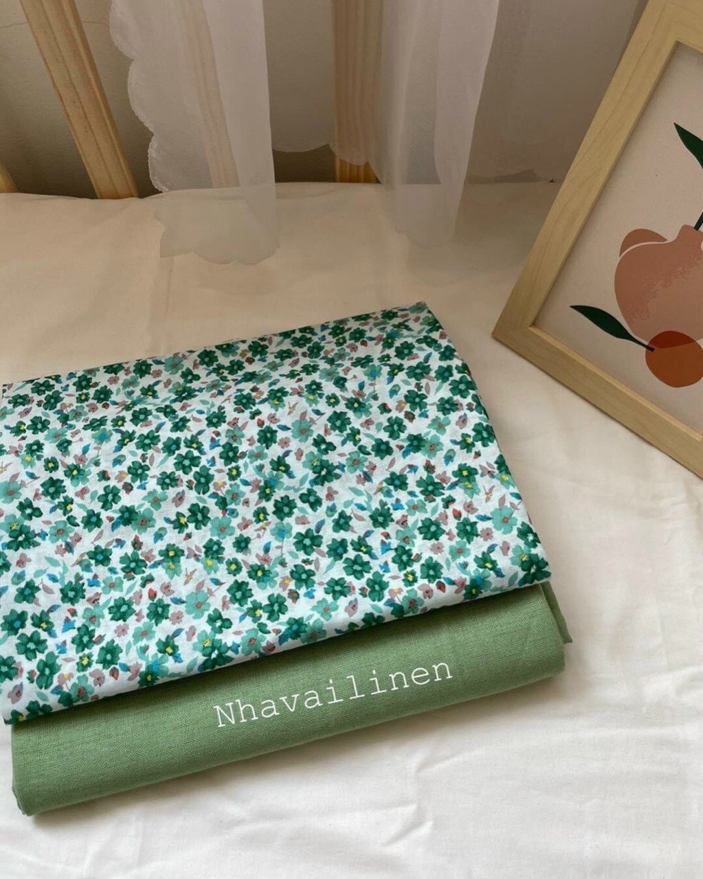 Vải thô cotton hoa loang xanh lá
