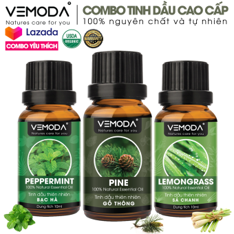 Tinh dầu xông phòng cao cấp gồm 3 chai tinh dầu nguyên chất: tinh dầu Bạc hà (10ml) + tinh dầu Gỗ thông (10ml) + tinh dầu Sả chanh (10ml) Vemoda
