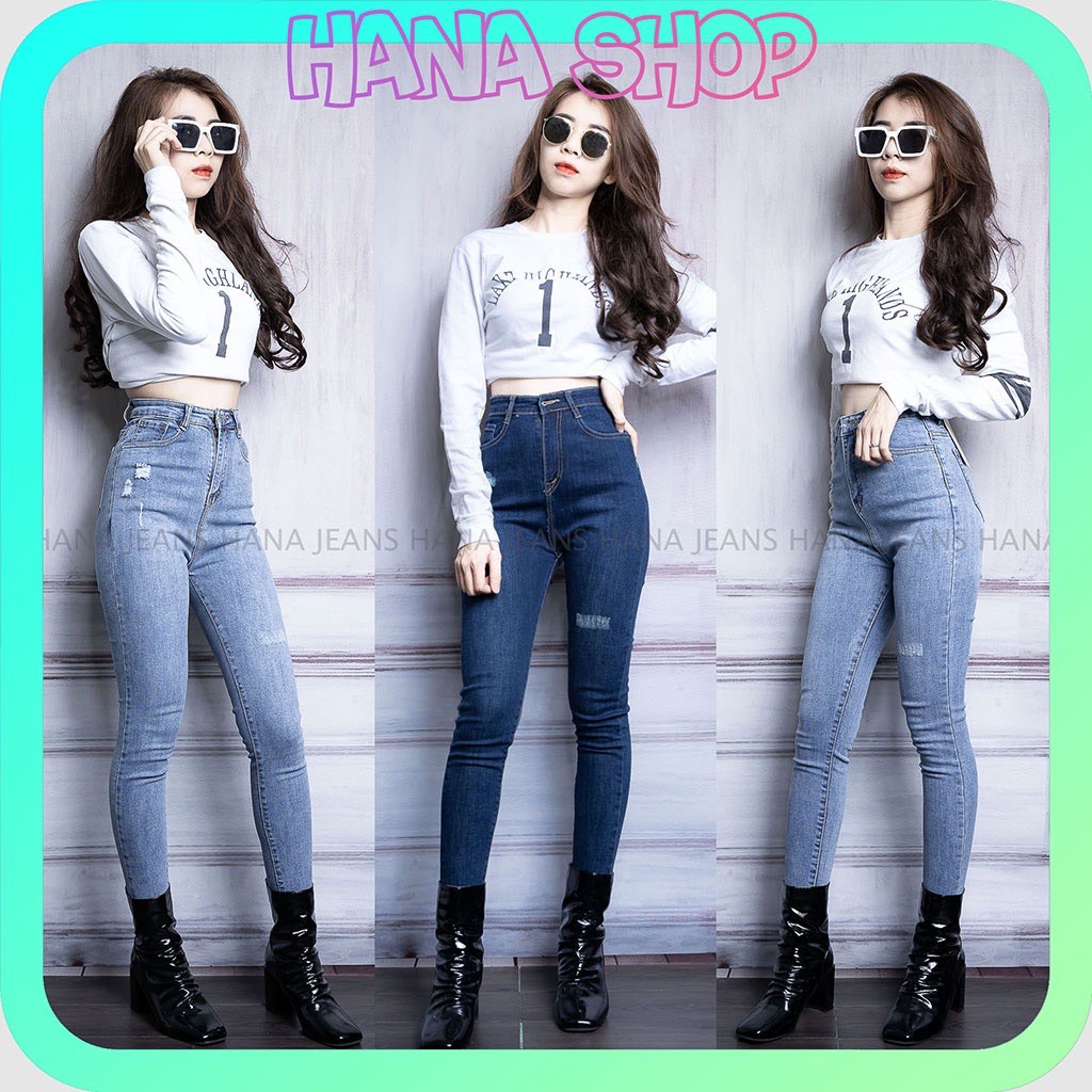 Quần jean nữ ôm hnj04 dáng dài lưng cao rách kiểu