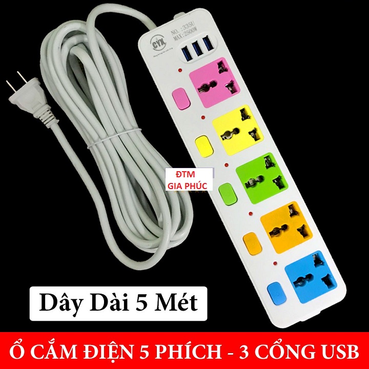 Ổ cắm điện đa năng tích hợp 5 ổ điện và 3 cổng sạc usb, dây dài 5 mét, phích cắm điện chống giật