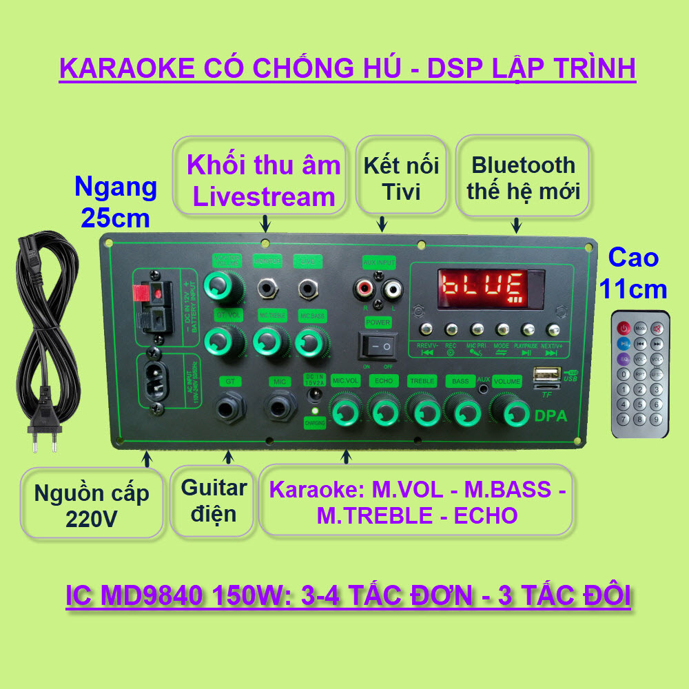 Mạch loa kéo MD9840 150 thu âm LIVESTREAM - DSP lập trình chống hú, chỉnh Bass Treble Micro, nguồn xung 220V - Bluetooth thế hệ mới