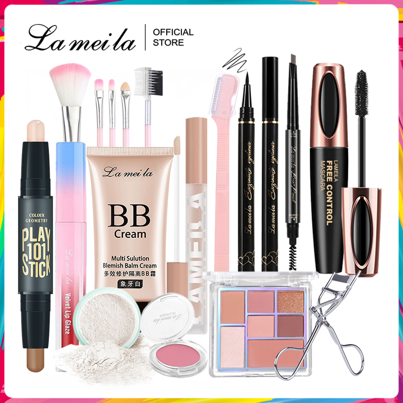 Bộ trang điểm 13 món LaMeiLa Kem BB+Phấn phủ bột+Phấn mắt+Chì kẻ mày+kẻ mắt+Mascara+bút tạo khối 2 đầu+Son kem lì+Phấn má hồng+kẹp bấm mi+Dao tỉa lông mày+Bộ cọ trang điểm+Kem che khuyết điểm bộ makeup đầy đủ set