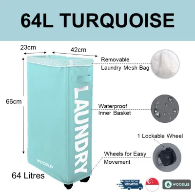 [SG Ready Stock] Woodles Laundry Basket Hamper★42L 55L 64L Capacity★4-Wheel Foldable Slim Durable Lockable Waterproof Oxford★All Purpose Storage Clothes Toys★Turquoise Beige Grey Blue Black Red★Local Shipping & Warranty (9)