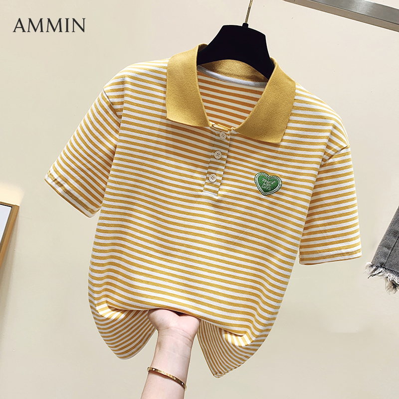 AMMIN Áo Thun Cotton Co Giãn Kẻ Sọc Tay Ngắn Cổ Polo Mới Mùa Hè 2022 Áo Cánh Thanh LịCh Thiết Kế Trái Tim Thêu Cá Tính Phong Cách Hàn Quốc Cho Nữ Áo Phong Cách Instagram