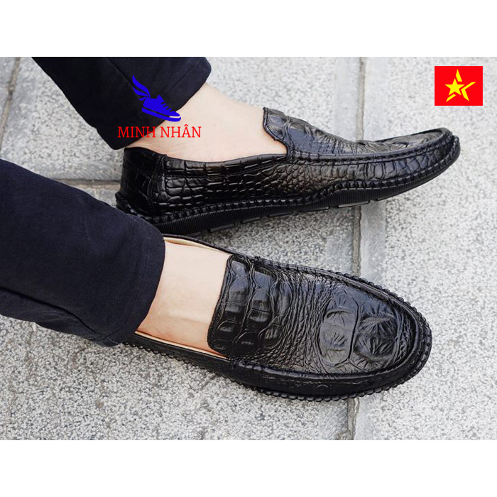 Giày xỏ nam da bò đẹp cao cấp Giày mọi nam da bò Giày lười nam giày Công sở Da Bò In Vân Cá Sấu Độc Da Đế bệt Siêu mềm thời trang thương hiệu phong cách Hàn Quốc M-11 màu đen