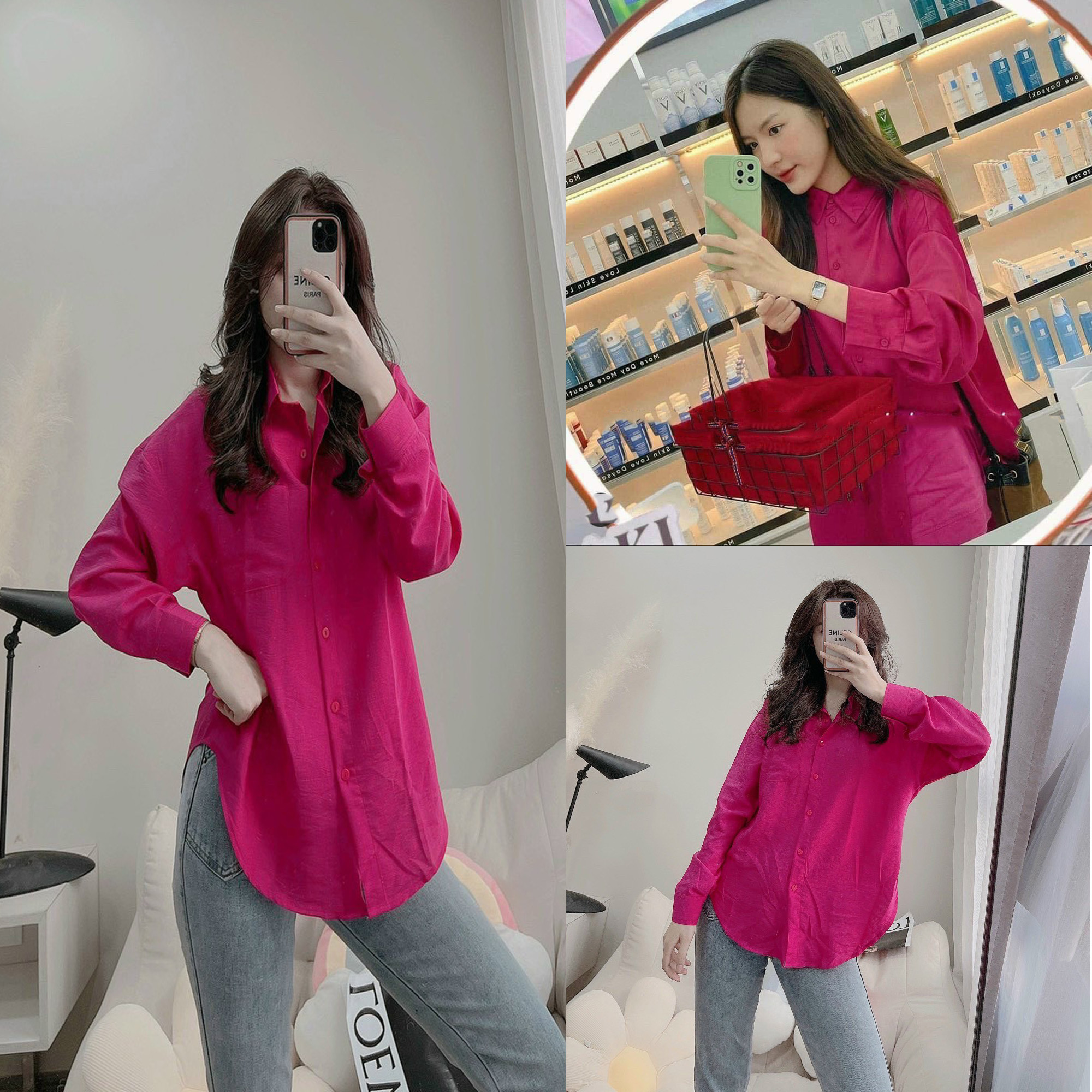 Áo sơ mi hồng sen áo sơ mi nữ form rộng siêu cá tính LD011
