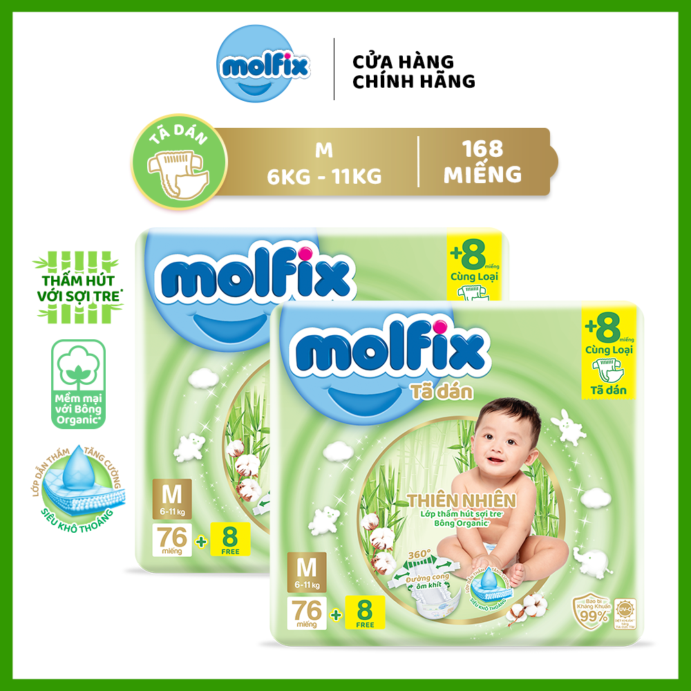 Combo 2 tã/bỉm dán moflix thiên nhiên super jumbo m - 2 gói 168 miếng
