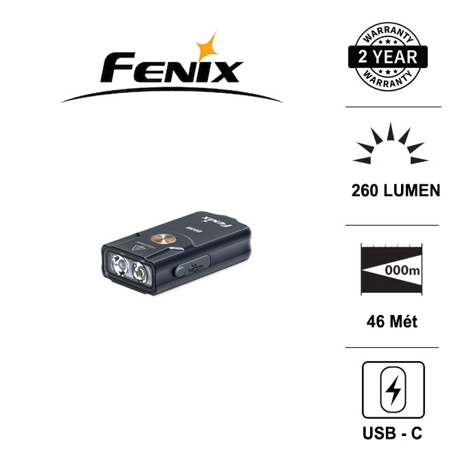 Đèn móc khóa mini fenix e03r độ sáng 260 lumen ánh sáng trắng-đỏ pin 200mah tích hợp, cổng sạc usb type c đèn đèn pin