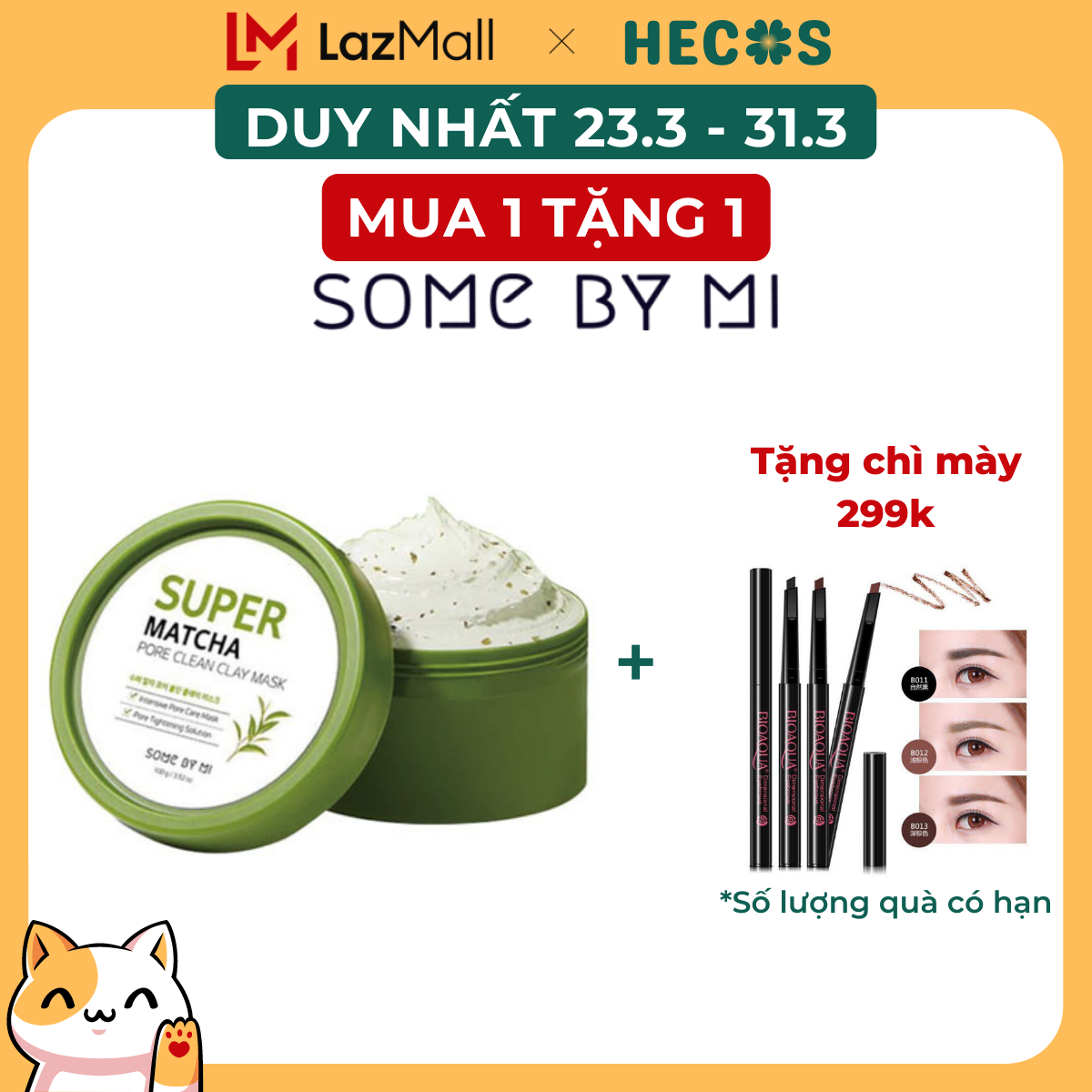 Mặt nạ đất sét trà xanh Matcha SOME BY MI 100g kiềm dầu, giảm mụn đầu đen, mụn cám Super Matcha Pore Clean Clay Mask - HECOS