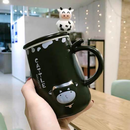 Ly Cốc Sứ Bò Sữa Có Nắp Và Thìa Uống Trà Uống Cà Phê Siêu Cute
