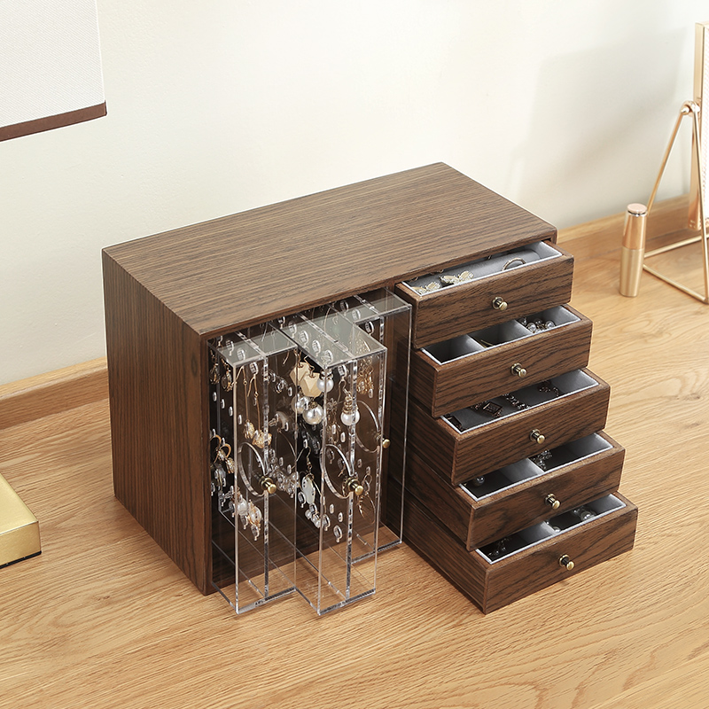 Casegrace hộp xếp đồ trang sức lớn ngăn kéo 5 tầng hộp xếp đồ trang điểm mỹ phẩm trang sức để bàn bằng gỗ hộp trưng bày，hộp đựng trang sức nữ