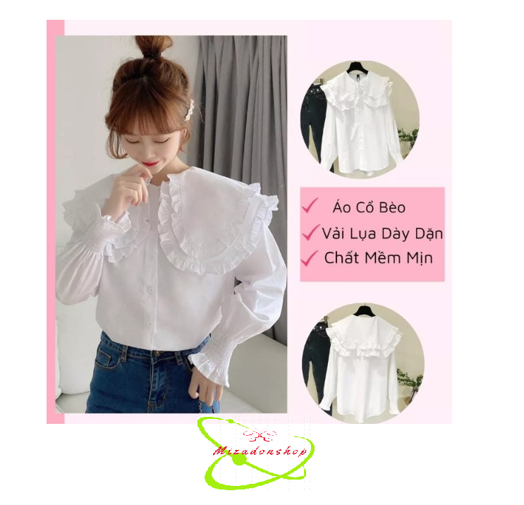 Áo sơ mi viền bèo chất vải Cotton lụa Free Size dưới 60kg dành cho nữ tay bo chun co giãn