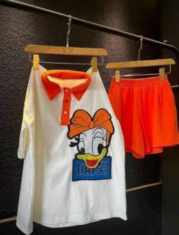 Set bộ đồ nữ áo thun thêu  vịt quần ngắn dễ thương áo thun cam họa tiết hình chân vịt cá tính