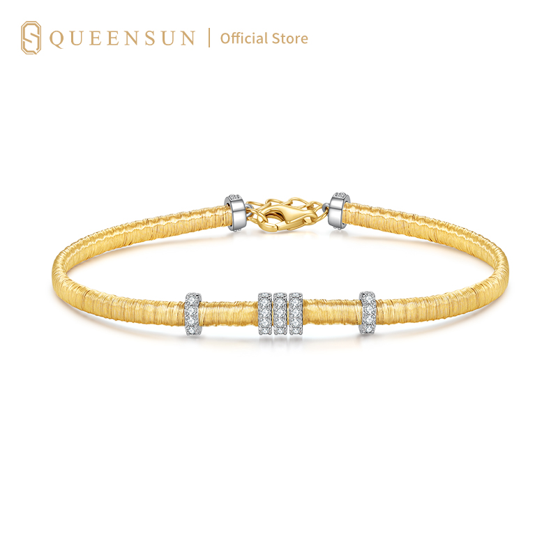  18k Gold Two-Tone Lab Diamond Bangle Bracelet | Lab Diamond Bangle Bracelet | Minimalist Luxury Daily Wear Bracelet | Two-Tone Gold Jewelry | 18K金培育钻石绳纹手镯金白双色排钻手链