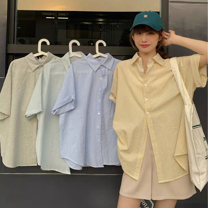 Áo sơ mi kẻ xốp dáng thụng 🦋 so mi nữ cộc tay nhiều màu 🦋