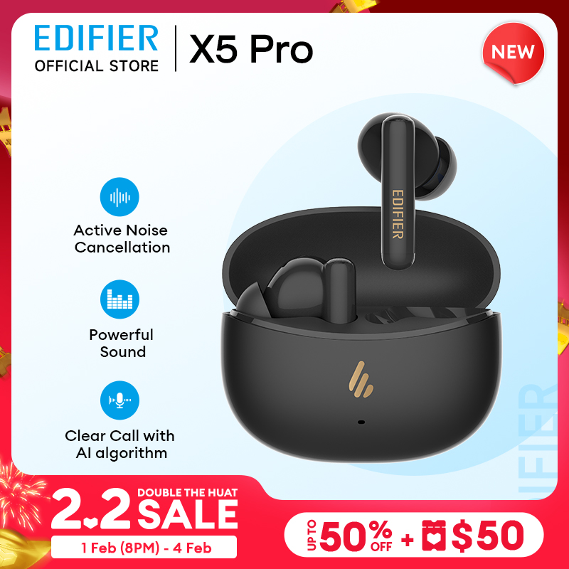 EDIFIER X5 Pro(2025) True Wireless -48db Active Noise Cancelling Earbuds with Spatial Sound 3+3 mics 10mm dynamic drivers Volume guard 48 hours Long Battery Life Fast Charge Bluetooth V6.0 Game Mode App Customization IP55 Waterproof