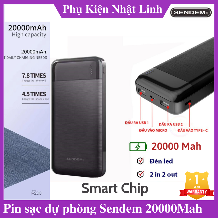Pin Sạc Dự Phòng Sendem 20000 mah Hỗ trợ sạc nhanh, 2 cổng ra, 2 cổng vào, đèn led hiện thị pin.