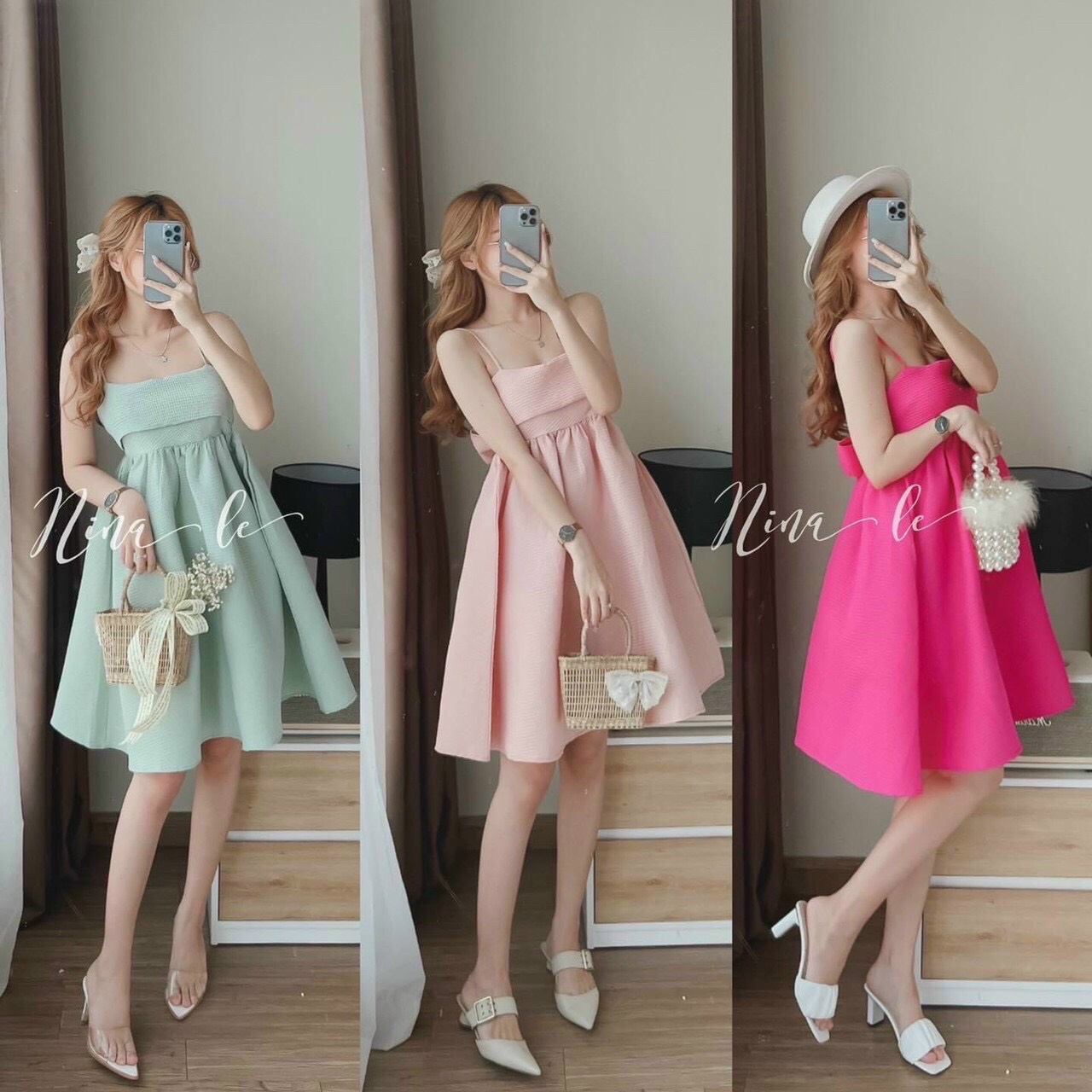 Đầm nữ, đầm 2 dây dáng xòe cột nơ sau lưng
