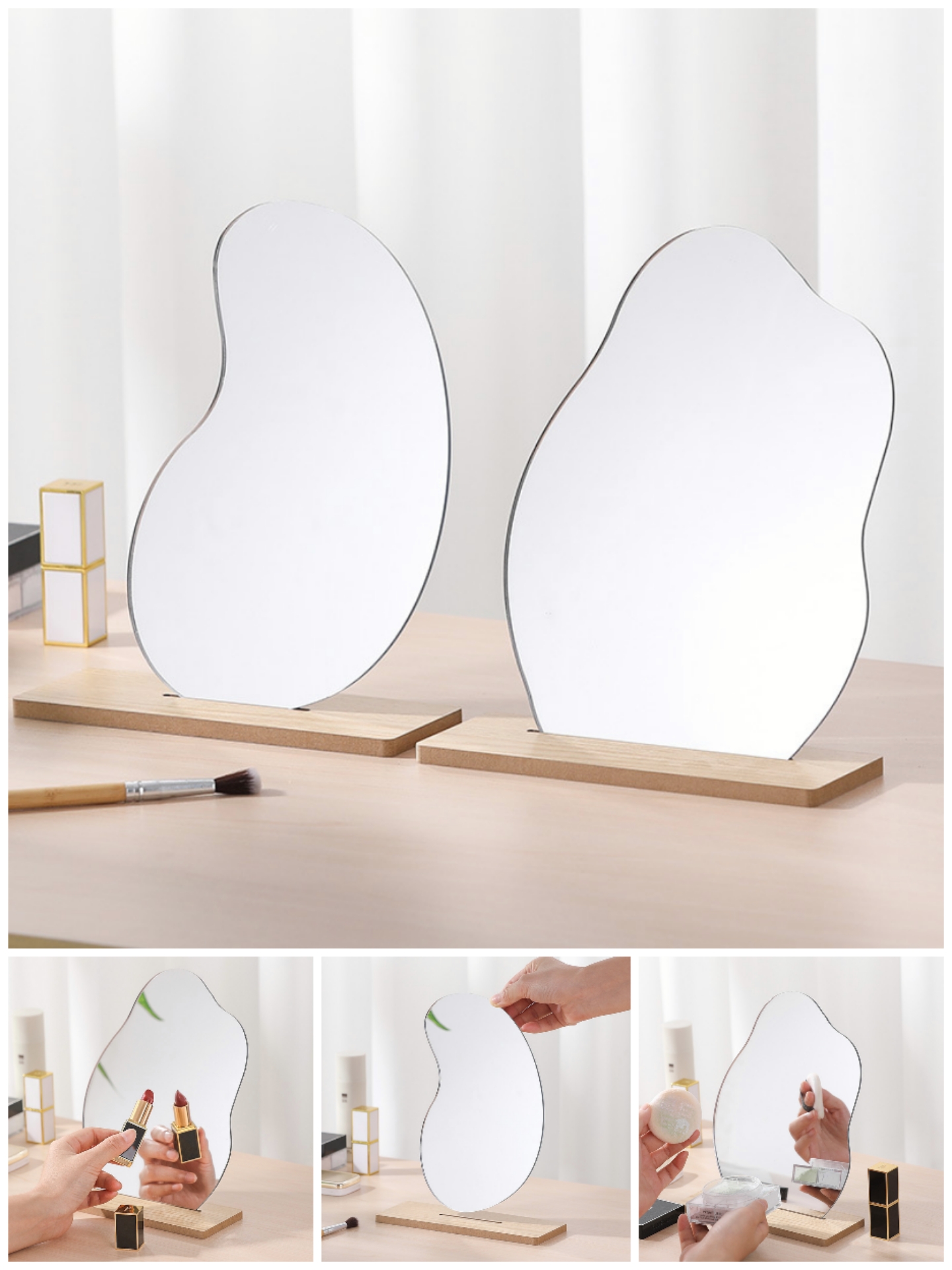 Gương để bàn hình đám mây hạt đậu chân gỗ