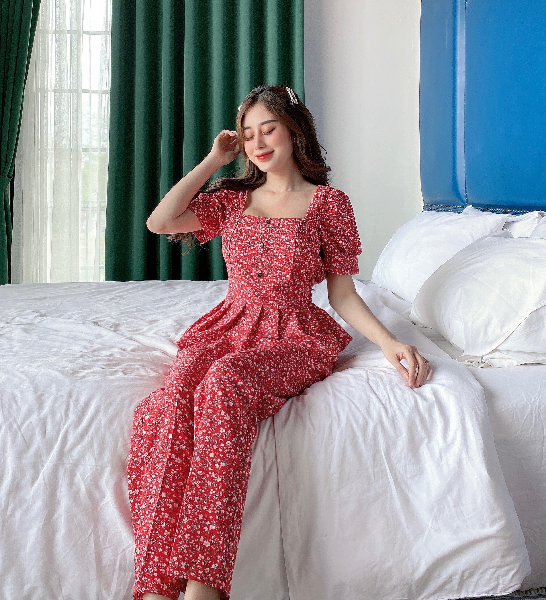 FREESHIP- Sét bộ nữ đi chơi hoa nhí tay phồng phối nút dễ thương Shop Yanyan