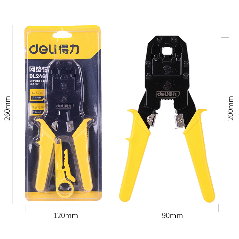 Deli RJ45 Network Crimping Tool 4P/6P/8P 3 <article class="lzd-article"> <p style="line-height: 1.7; text-align: left; text-indent: 0; margin-left: 0; margin-top: 0; margin-bottom: 0;">Fast, reliable modular-crimp connector installation for voice and data applications</p> Crimps 4, 6, and 8 position modular connectors (RJ11/RJ12, and RJ45) Yellow and black grips enhance comfort, visibility, and allow quick identification <p style="line-height: 1.7; text-align: left; text-indent: 0; margin-left: 0; margin-top: 0; margin-bottom: 0;">Model:DL2468</p> Freebies: -Punch Down Tool -6X RJ45 Connectors </article>