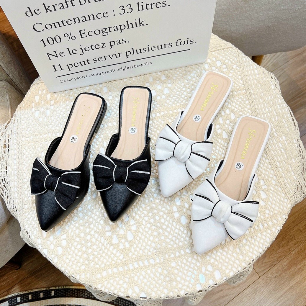 Giày nữ dáng sục da lì nơ đen trắng siêu xinh