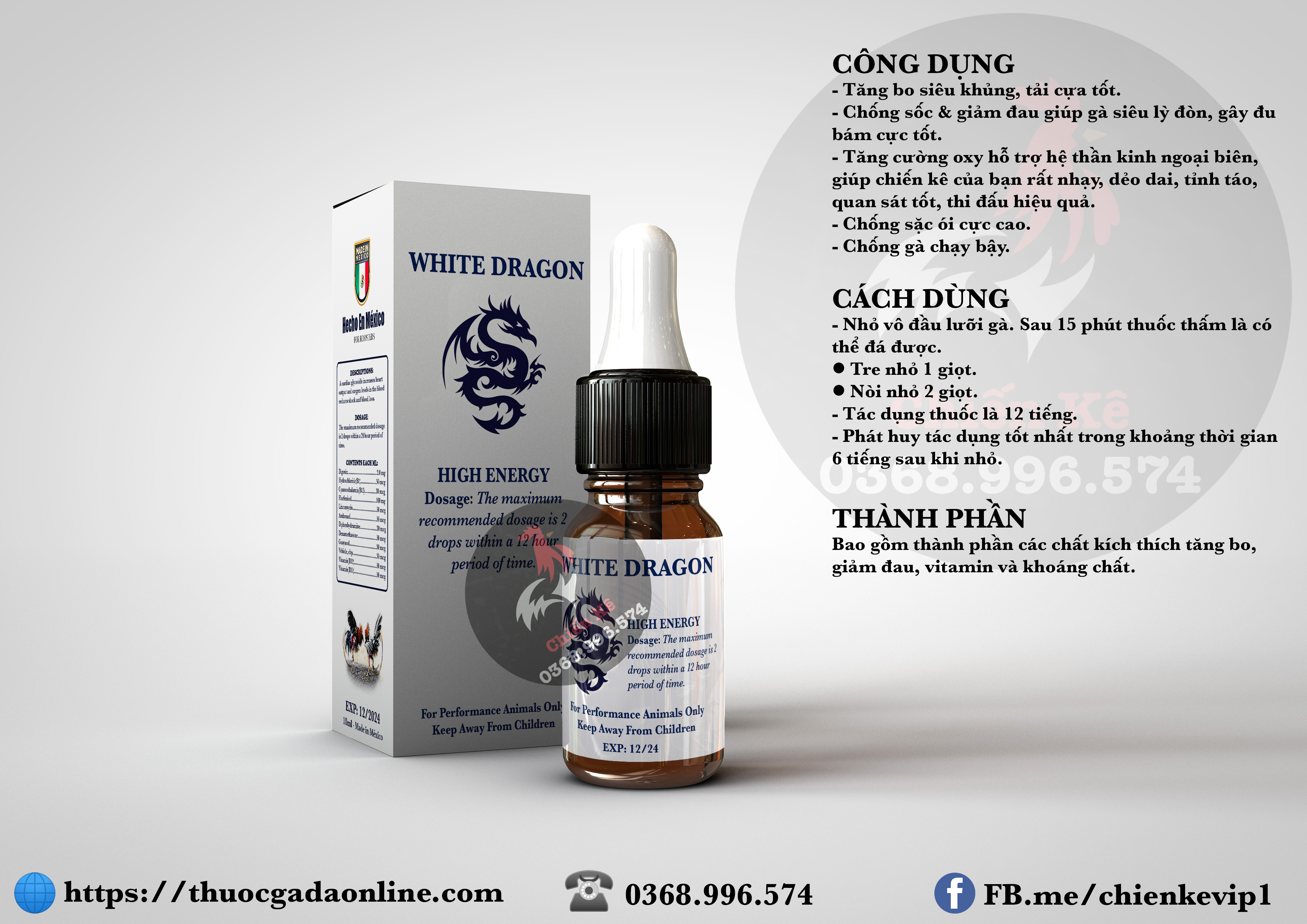Thuốc nhỏ gà đá - white dragon rồng trắng - xuất xứ mexico - công dụng tăng bo lớn, chống ói, tải cựa, cực kỳ lỳ đòn