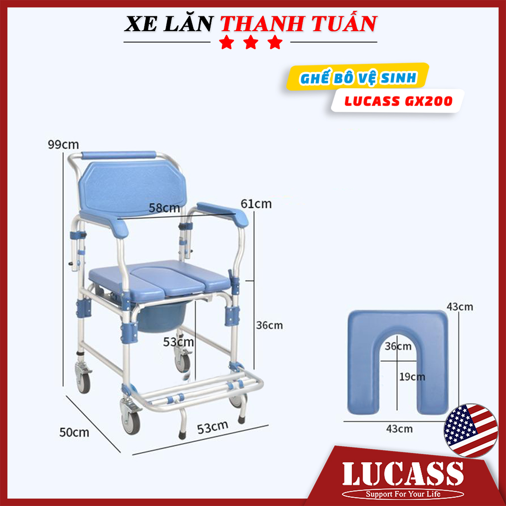 Ghế bô vệ sinh lucass gx-200 khung nhôm - có đệm, bánh xe, chỗ gác chân