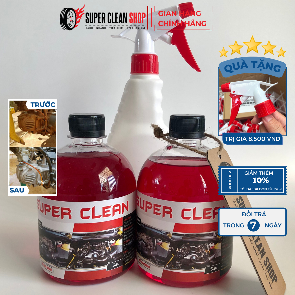 [COMBO 2 BÌNH + TẶNG BÌNH XỊT] Dung dịch tẩy rửa không chạm LỐC MÁY ĐẦU BÒ GẦM MÁY Super Clean SIÊU SẠCH | dùng cho Xe MÁY Ô TÔ