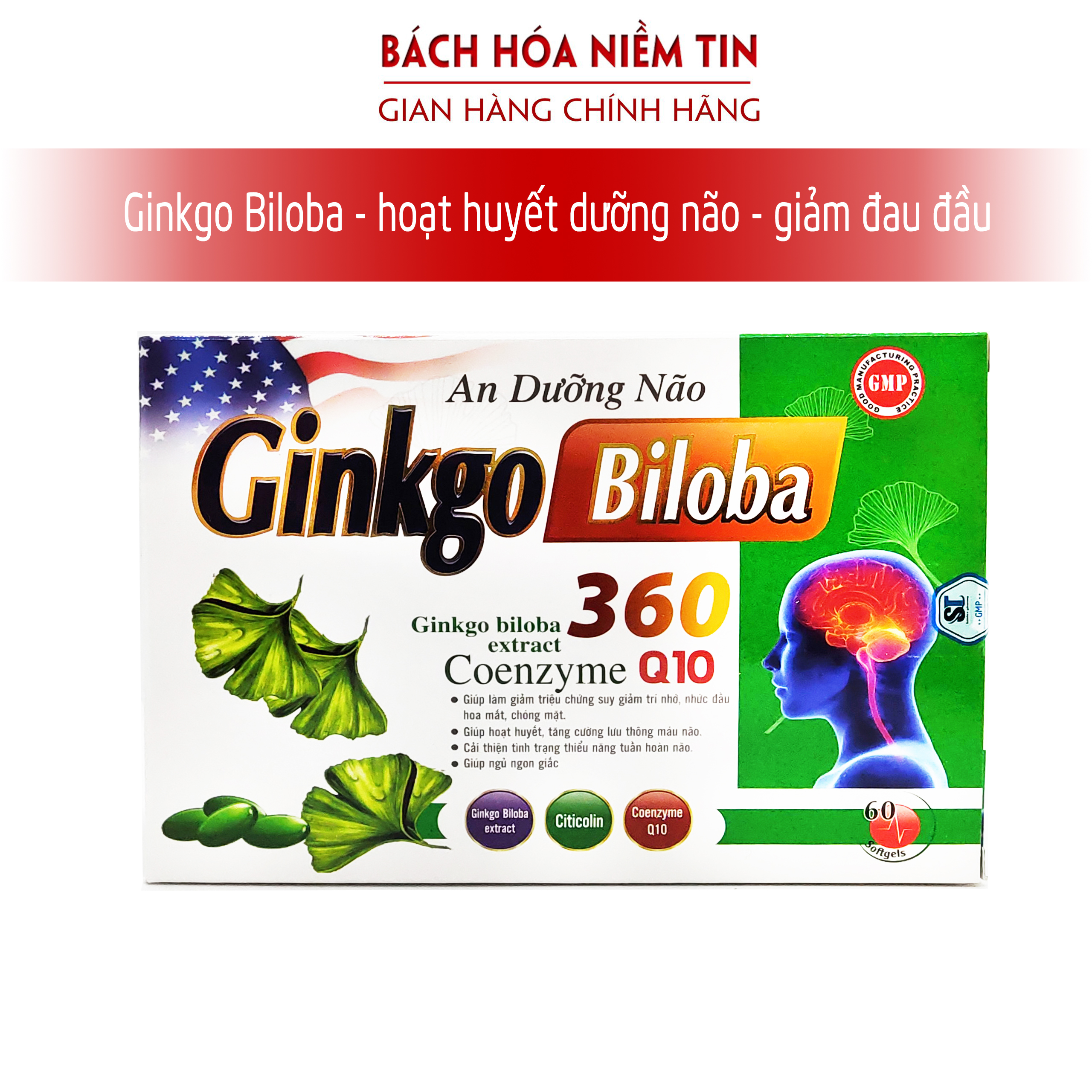 Viên uống An Dưỡng Não Ginkgo Biloba - Giảm đau đầu chóng mặt, rối loại tiền tình hiệu quả - Thành phần thảo dược an toàn tuyệt đối - Hộp 60 viên chuẩn GMP Bộ Y tế