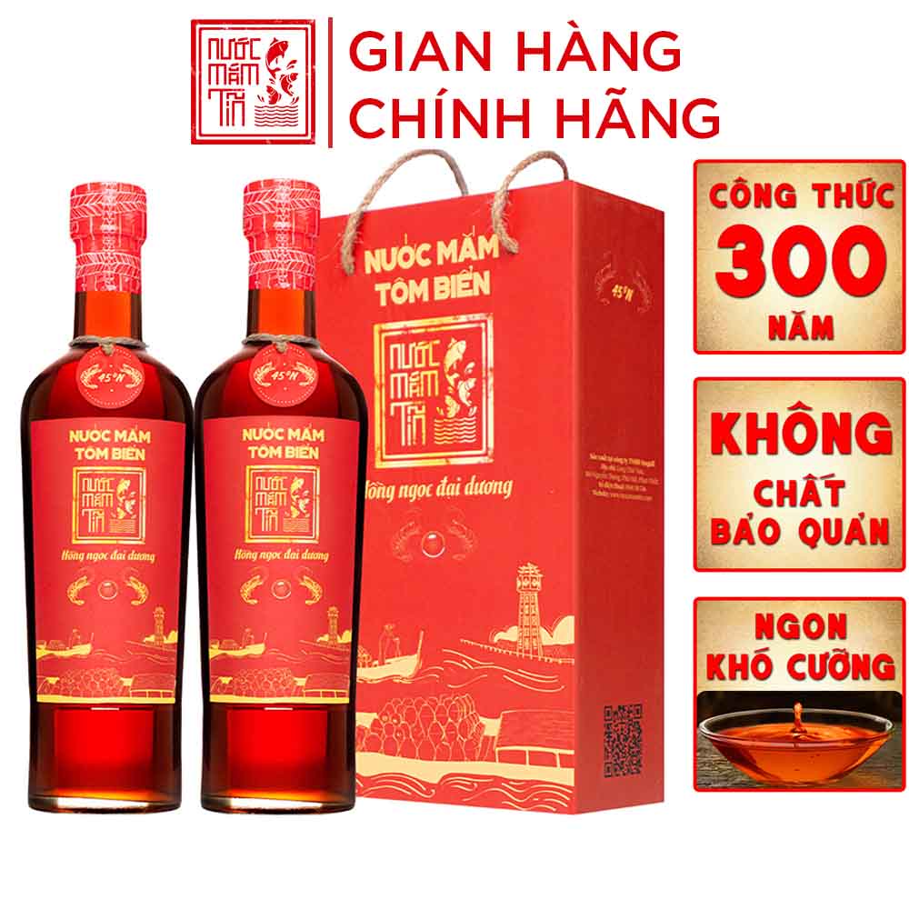 Nước mắm Tĩn Tôm Biển Hồng Ngọc Đại Dương độ đạm 45N 2 chai thủy tinh 500ml hương vị thơm ngọt tôm biển tươi