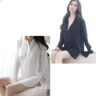 Bộ 2 Váy Ngủ Kiểu Sơ Mi Form Suông Tay Dài CDAN66 - Trắng - Đen