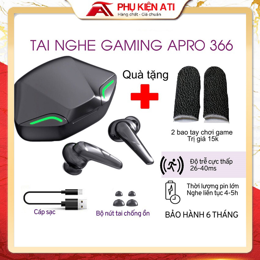 Tai nghe Gaming không dây giá rẻ Apro 366 Bluetooth 5.0 TWS, Bass mạnh mẽ, Độ trễ cực thấp khi chơi game chỉ 0.35ms, Pin trâu 5h - Phụ kiên ATI