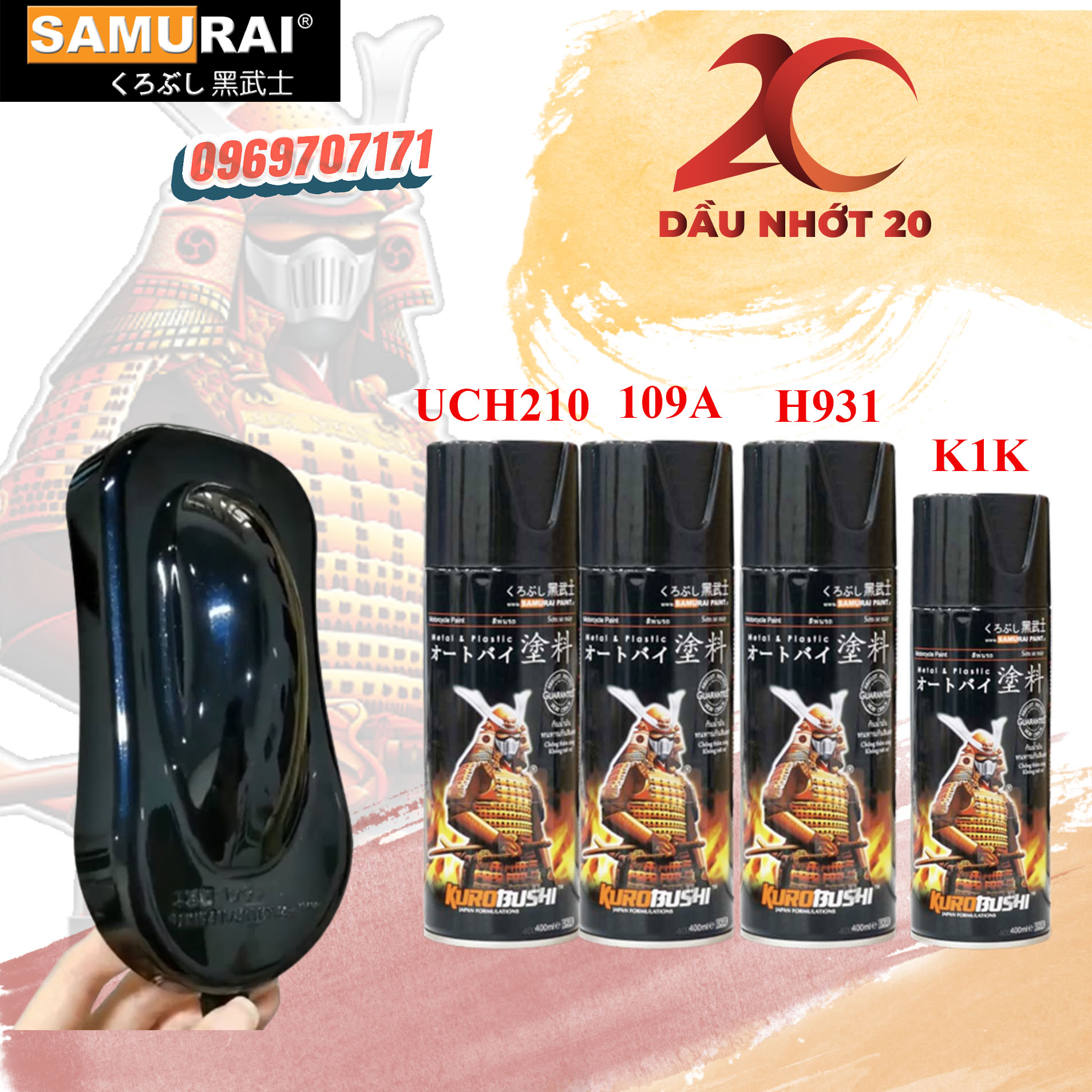 Combo 4 chai sơn mau đen pha lê xang honda chai sơn xịt sơn xe máy samurai h931*- màu đen pha lê xanh gồm uch210 109a h931 k1k hoặc 128
