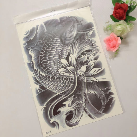 Hình xăm dán tattoo kín lưng cá chép trắng đen 34x48cm- tặng bắp tay xinh 15x21cm